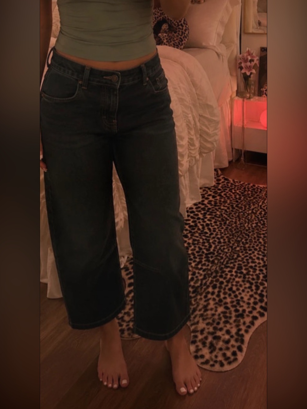 dark blue barrel jeans